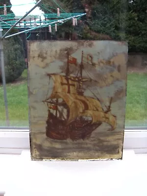 Set Of 3 Antique Painting Reverse Painted On Old Glass Of Tudor Galleons • £100