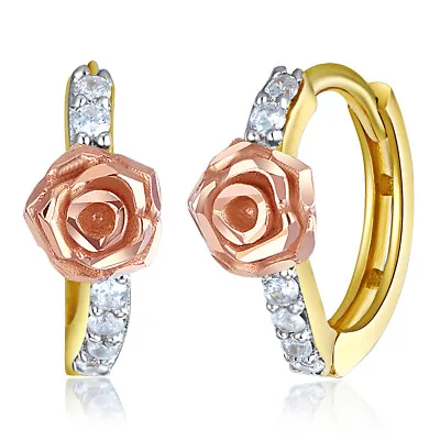 Wellingsale 14k Rose And Yellow Gold CZ Rose Huggies Hoop Earrings • $128