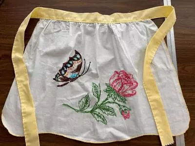 Vintage Half Apron Handmade Embroidered Small Butterfly Rose Cotton Yellow Trim • $12.99