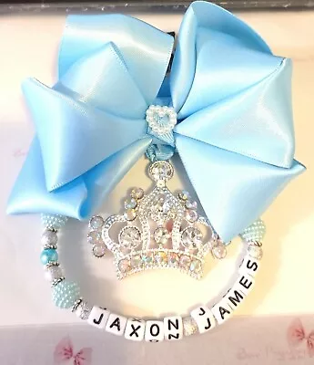 £11.99 • Buy Personalised Stunning Blue Bow Romany Bling Crown Pram Charm Clip Baby Boy Gift