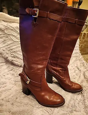 Womens Michael Kors Brown Leather High Boots Size 9M Heel Buckles Slip-On • $24