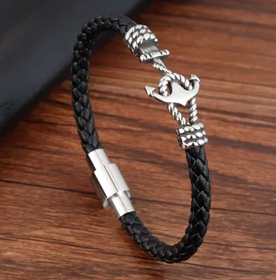 Men / Women Anchor Black Braided Genuine Leather Magnetic Bangle/ Bracelet 7-8  • $13.50