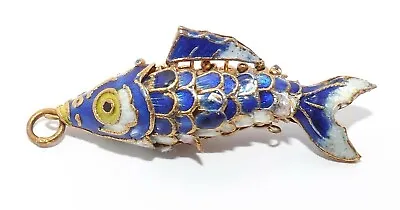 Vintage Articulated Swimming Movement Blue Enamel Fish Bass Silver Charm Pendant • $99.99