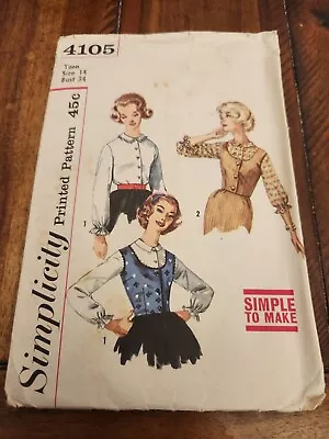 Vintage Simplicity Printed Pattern 4105 Home Sewing Teen Blouse Weskit Size 14 • $8.96