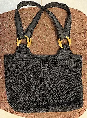 The Sak Hobo Crocheted Black Shoulder Bag Purse Handbag Bamboo Accents 👜👜 • $24.99