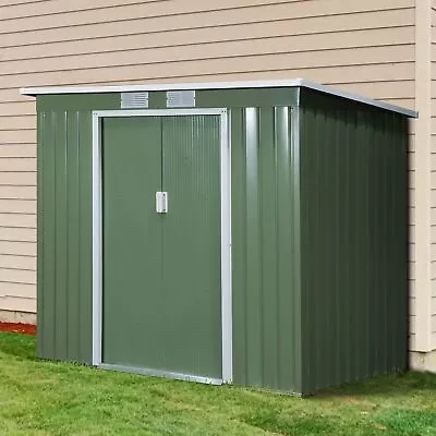 Lean To Metal Garden Storage Shed W/ Doors Vents Sloped Roof Green 213x130x173cm • £267.20