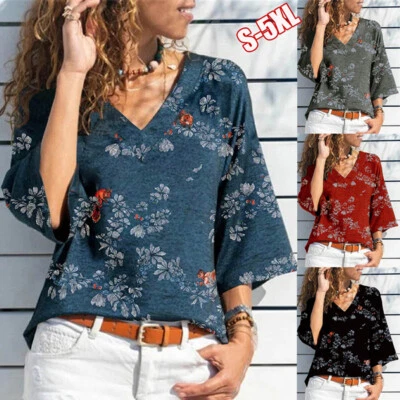 $22.77 • Buy Womens Floral Print V Neck Casual Blouse Tops Ladies 3/4 Sleeve T Shirt Pullover