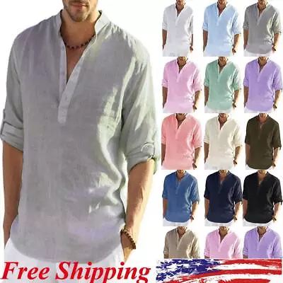 Mens Solid Linen Beach Shirts Cotton Casual Loose Summer Shirt Blouse Tops US • $19.09
