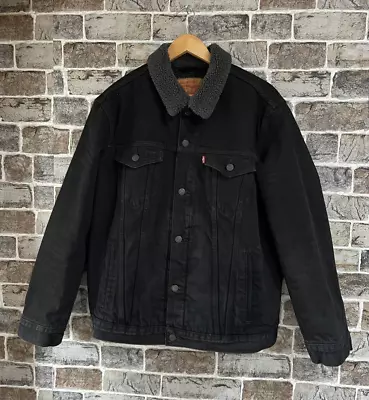 Levi's Sherpa Fur Trucker Denim Jacket XL Black Men's Premium Button Up • £34.99
