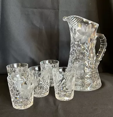 Vintage Cut Glass Pitcher Floral With 5 Matching Tumblers ABP • $119