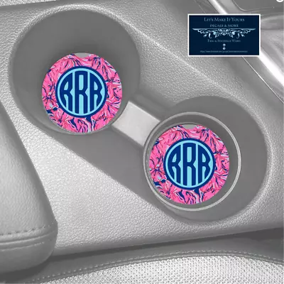 Lily Inspired Pink & Blue Floral Monogram Custom Rubber Car Coaster Set (2) • $10.57