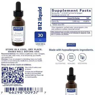Pure Encapsulations - B12 Liquid - 1000 Mcg Vitamin (Methylcobalamin)...  • $30.44