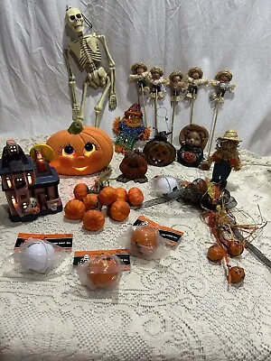 Vtg Lot Halloween Decorations Ceramic Jack-O-lantern House Skeleton Scarecrow • $27