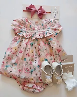 New Mayoral  Baby Floral Smocked Cotton Dress/bloomers 0-1  Months NWT • $37.99