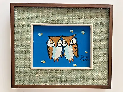 VINTAGE PAINTING  2 OWLS CHINESE ARTIST JACK FANG 1960s MID CENTURY OIL ACRYLIC • $95