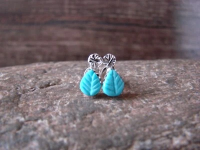 $19.99 • Buy Small Zuni Indian Sterling Silver Turquoise Feather Post Earrings By Mahkee