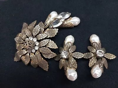 Miriam Haskell ?  Unsigned Pearls Clear Stones  Leaves Brooch Earrings Set • $75