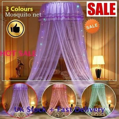 Princess Round Dome Mosquito Net LED Light Lace Bed Canopies Curtain For Kids • £10.99