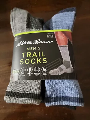 New Eddie Bauer Men's 6-Pack Trail Socks Black Grey Blue Navy Fit Size 6-12 • $23.90