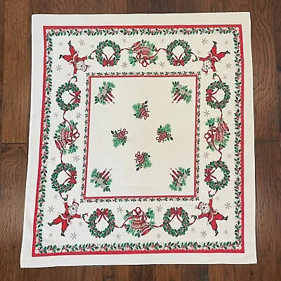 Vintage Christmas Tablecloth Santa Wreath Bell Ornament Candle Holly 45 X50  • $34.95