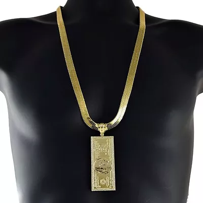 14k Gold Plated 30  11MM Herringbone Necklace Hundred Cash Chain 100 Dollar Bill • $49.95