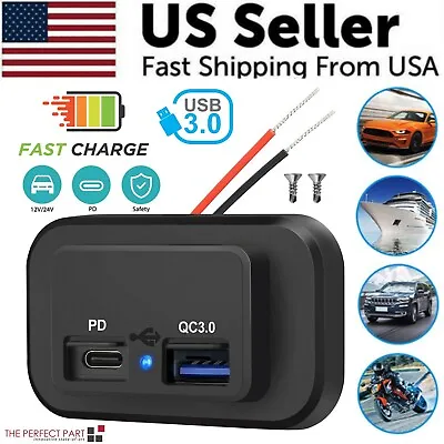 12-24V 4.8A Dual USB PD QC3.0 Car Boat RV Fast Charger Socket LED Power Outlet • $9.89