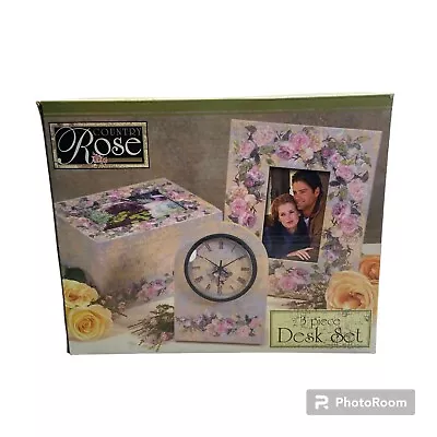 Vintage Country Rose 3 Pc Desk Set With Frame Photo Box And Clock • $24.99