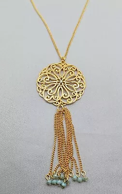 Sterling Forever Pendant Necklace Gold Tone Mandala With Chain Aqua Bead Tassel • $18.99