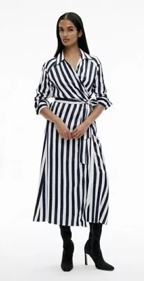 WITCHERY Navy Blue White Silky Wrap Front Midi Maxi Dress Size 12 Rrp $249 BNWOT • $50