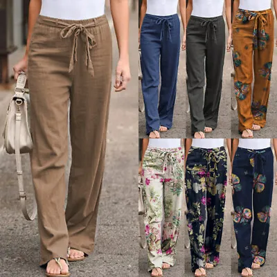 UK Womens Cotton Linen Wide Leg Casual Loose Long Trousers Palazzo Pants Plus * • £10.66