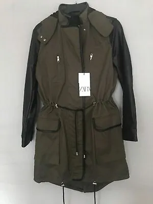 $134.17 • Buy Bnwt Zara Khaki Combination Parka With Faux Leather Sleeves Size S