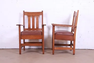 Stickley Brothers Mission Oak Arts & Crafts Arm Chairs Pair • $3200