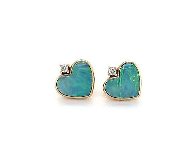 Kabana 14k Yellow Gold Diamond Fire Opal Heart Stud Earrings • $1299