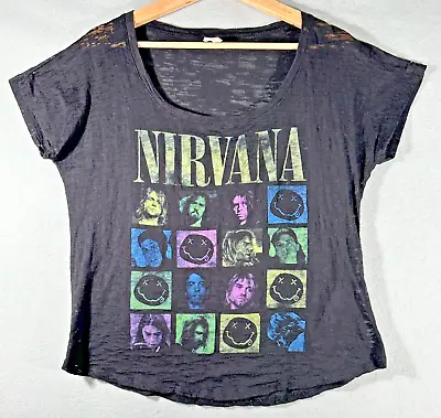 Vintage 1990s Nirvana Burnout Smiley Face T-Shirt Women's Large VGUC • $44.03