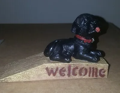 Vintage Black Labrador Retriever Puppy WELCOME Door Stop Resin Wood Look Wedge • $8.88