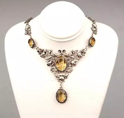 Large Antique Italy 800 Silver Roses Faceted Citrine Festoon Necklace 27.6 Gr • $143.50