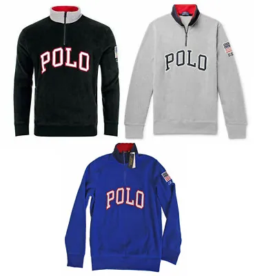 Polo Ralph Lauren Fleece Varsity Logo USA Flag Half Zip Sherpa Sweater Jacket • $88.42