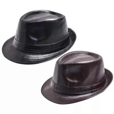 Men's PU Leather Top Hat Gentleman Classic Fedora Hat PU Leather Jazz Cap • £8.09