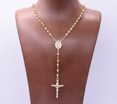 $652.99 • Buy 4mm Diamond Cut Cross Rosary Crucifix Chain Necklace Real 10K Yellow Gold