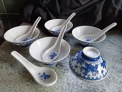 Set 5 Vintage Blue + White  Japanese Rice/Soup Bowls With 6 Spoons • £22.99