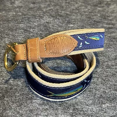 ZEP-PRO Mens Belt Tan Blue Leather Canvas Fish Size 32 Solid Brass Buckle • $15.99