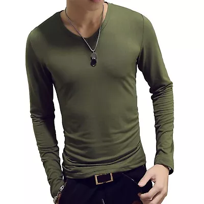 Mens Long Sleeve V-Neck T-shirt Stretch Casual Solid Slim Fit Tops Army Green • $4.99