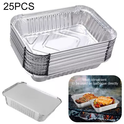 25pcs BBQ Meat Foil Trays Tin With Lid Home BBQ Party Food Fruit Cake Dishes New • £11.65