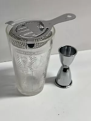 Vtg Recipe And Cocktail Mixing Glass Strainer And Jigger • $8.99