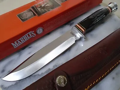 Marbles Black Buffalo Horn Bowie Fixed Blade Hunter Knife MR456 Leather Sheath • $24.99