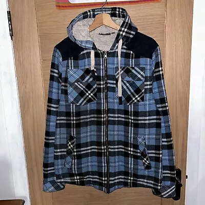 Atrium Flannel Coat Sherpa Fleece Plaid Lumberjack Hooded Jacket Blue Small S • £0.99