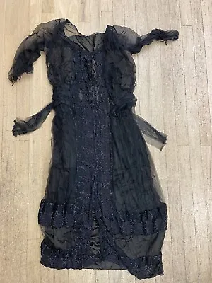 Antique 1900s Edwardian Mourning Black Net Dress With Jet Beading • $140