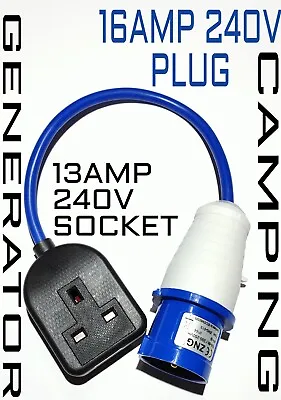 16 Amp To 13 Amp AdapterFARMCARAVANGENERATOR HOOK UP FLY LEAD 1GANG BLUE PLUG • £8.99
