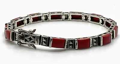 Sterling Silver Square Coral And Marcasite Tennis Bracelet 6 3/4  By 1/4  • $29