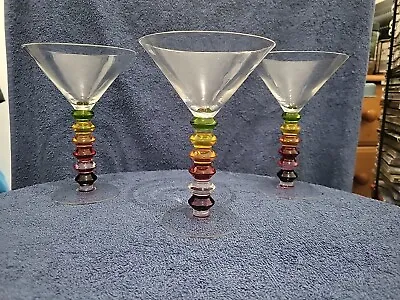 MCM Vintage Handblown Set Of 3  Ball Stem Martini Glasses Colored Stemware Glass • £28